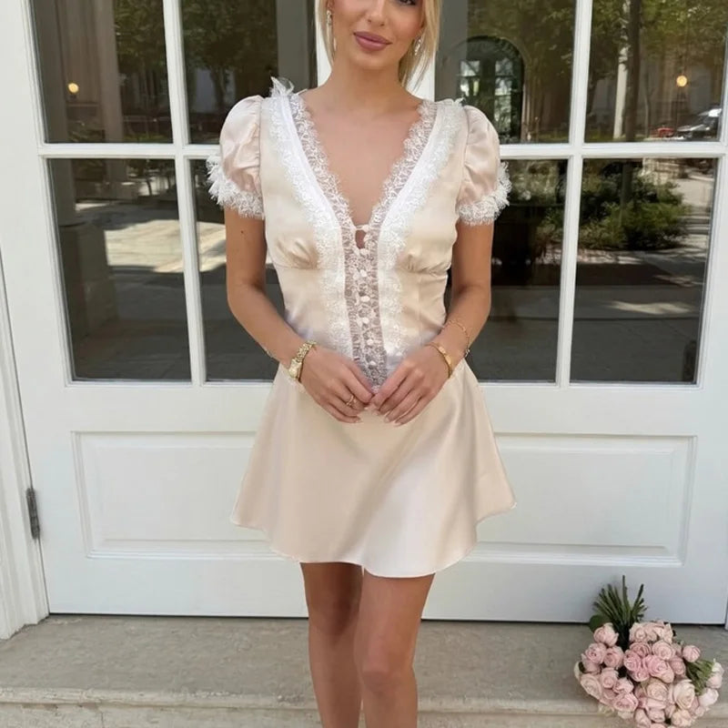 Glorol - V-Neck Hollow Out High Waist Patchwork Mini Dress