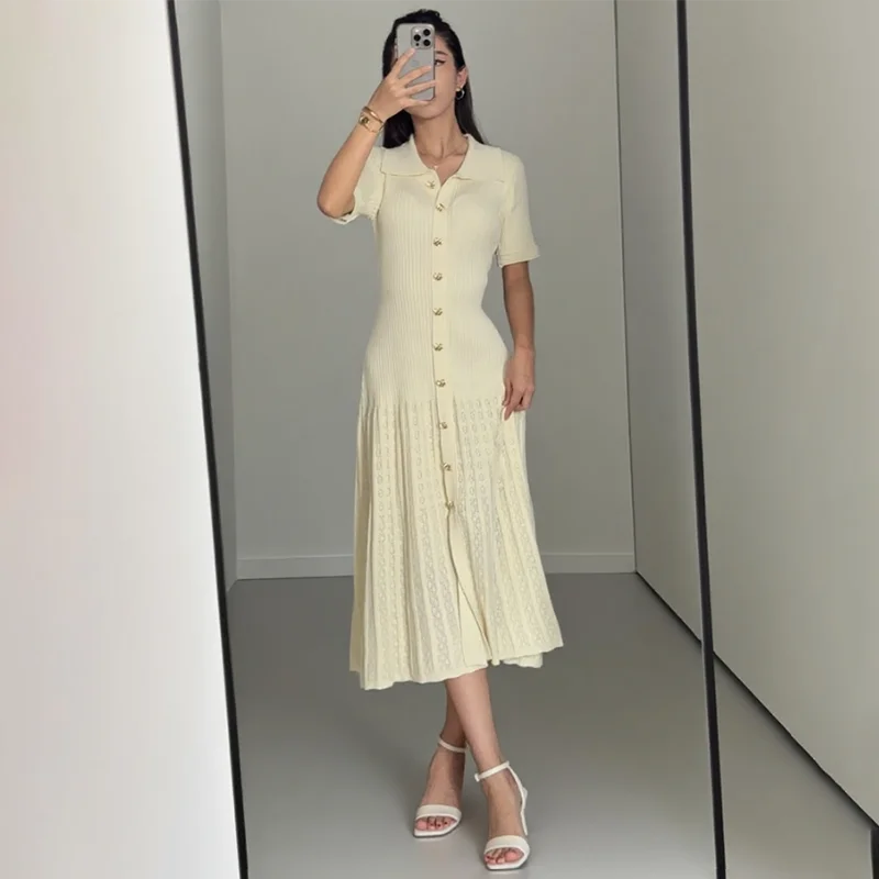 Glorol - Knitted Short Sleeve Slim High Waist Midi Dress