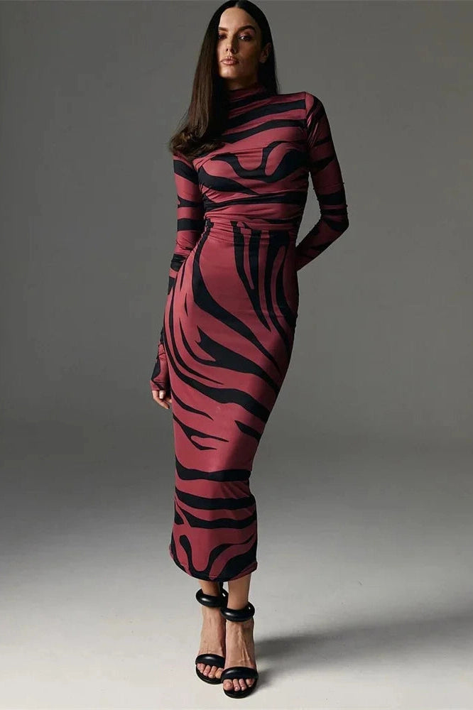 Glorol - Printed Long Sleeve High Waist Maxi Dress