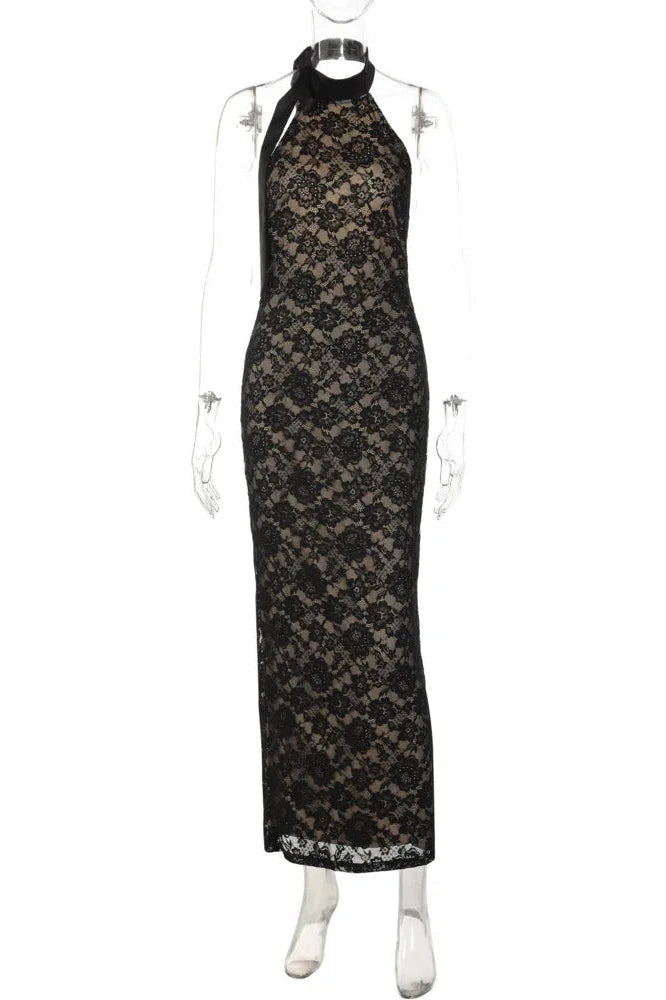 Glorol - Backless Lace Sleeveless Split Bodycon Maxi Dress
