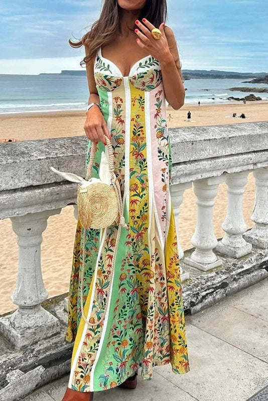 Glorol - Floral Printed Slim High Waist Sleeveless Pleated Maxi Dress