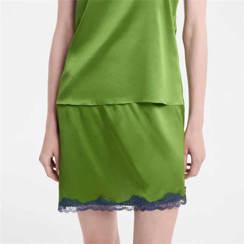Glorol - Lace Trim Silky Slip Elastic Waist Skirt