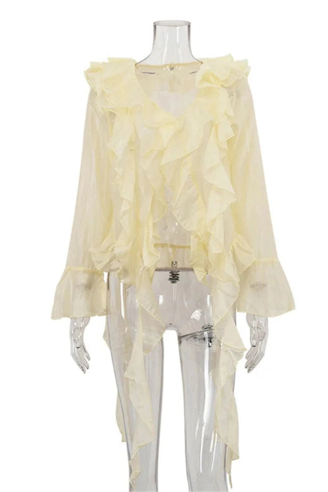 Glorol - See-Through Loose Patchwork V-Neck Top