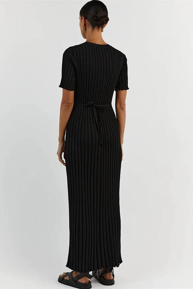 Glorol - Short Sleeve Lace-Up High Waist Patchwork Maxi Dress