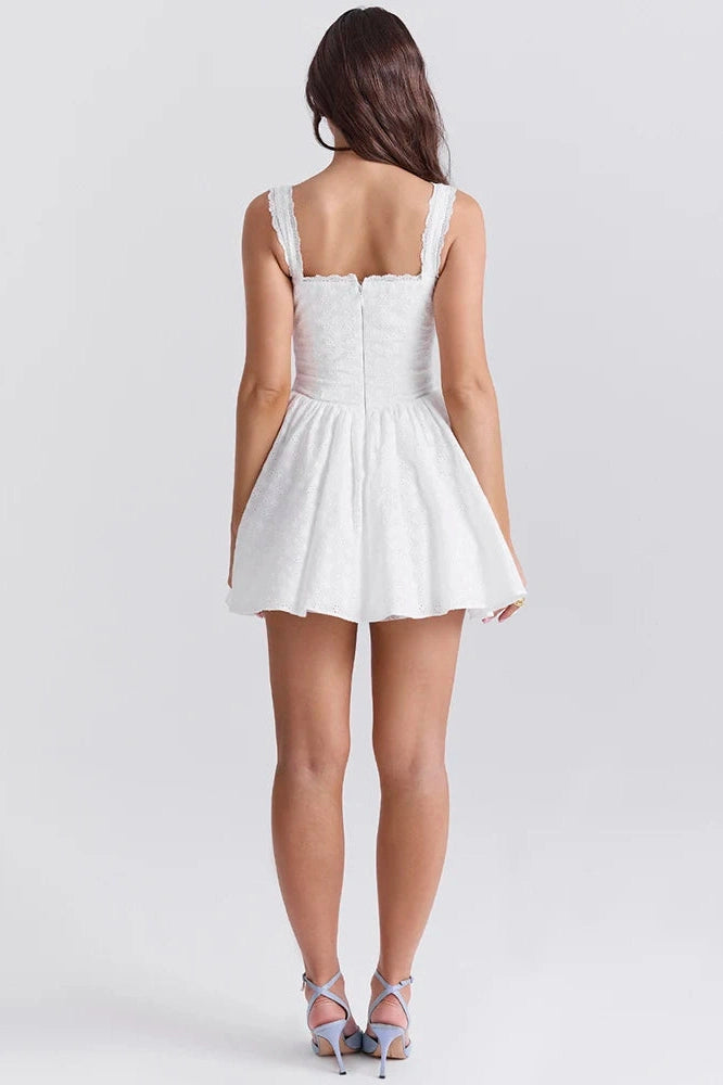 Glorol - Embroidered Belted V Neck Sleeveless A-line Mini Dress