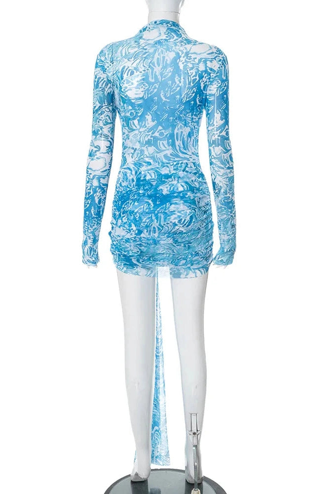 Glorol - Elegant Printed Long Sleeve Slim Mini Dress