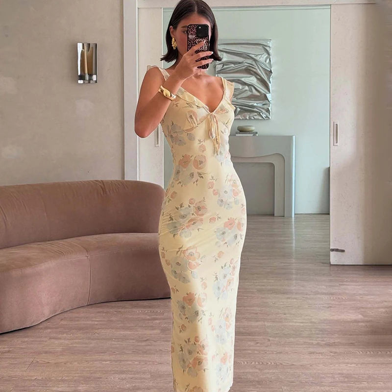 Glorol - Printed V-Neck Sleeveless Slim Maxi Dress
