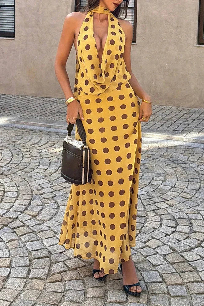 Deep V-Neck High Waist Sleeveless Printed Maxi Dress