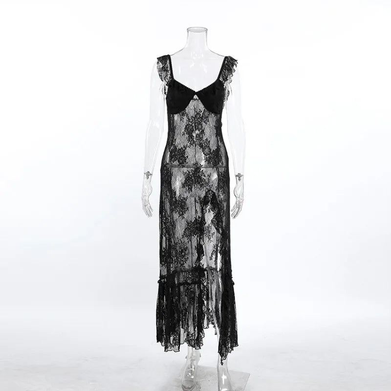 Glorol - See Through Patchwork Split Backless Maxi Dress