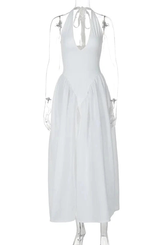 Glorol - Deep V Neck High Waist Backless Midi Dress
