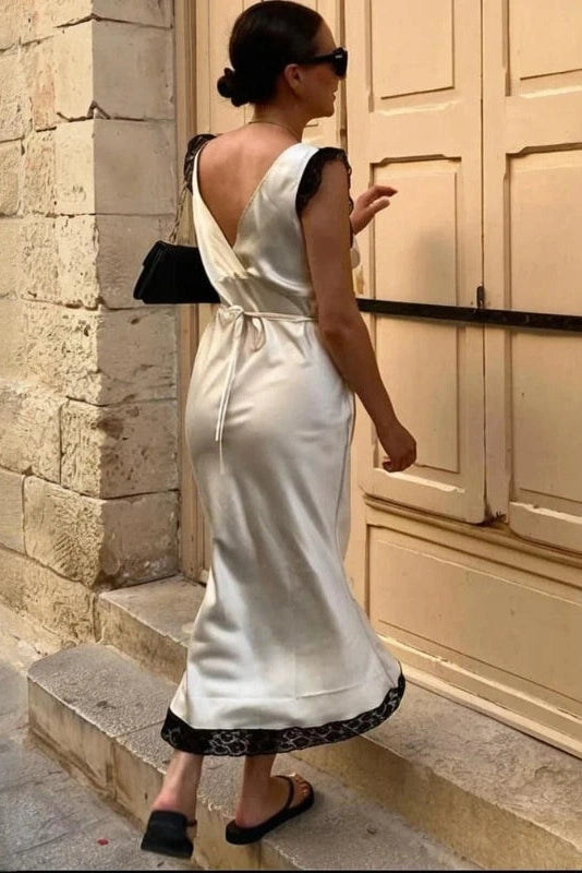 Glorol - Hollow Out V-Neck Patchwork Sleeveless Lace-Up Midi Dress