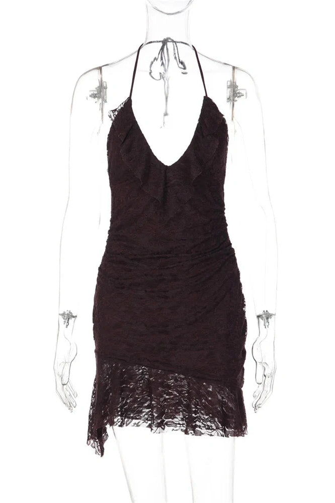Glorol - Hollow Out Lace  V-Neck Patchwork Bodycon Mini Dress