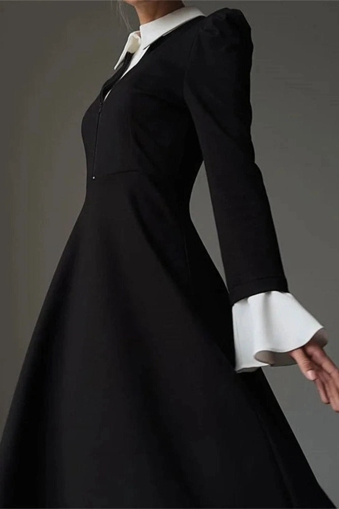 Glorol - Patchwork Zipper High Waist Long Sleeve Midi Dress