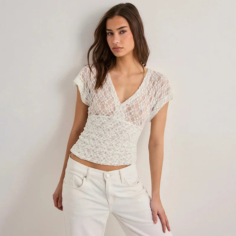 Glorol - Hollow-Out Slim V-Neck Short-Sleeve Top