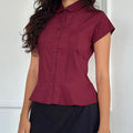 Glorol - Short Sleeve Button-Down Pleated Slim Fit Top