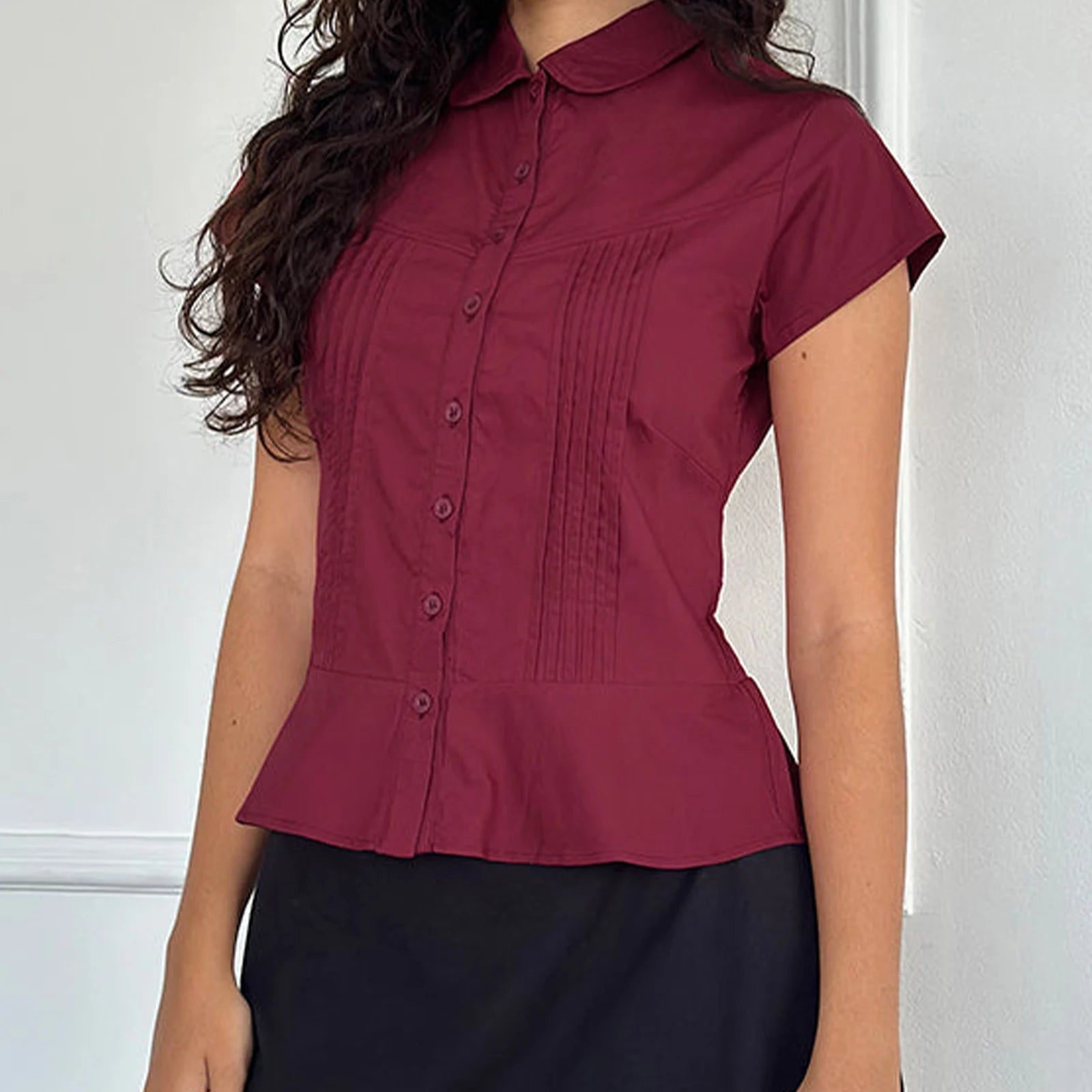 Glorol - Short Sleeve Button-Down Pleated Slim Fit Top