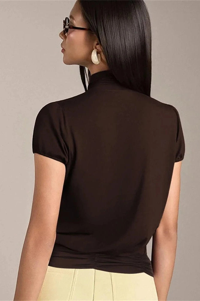 Glorol - Hollow Out Lace-Up Pleated Short Sleeve Top