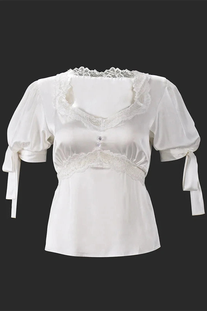 Glorol - Lace Hollow Out Patchwork Short Sleeve Top