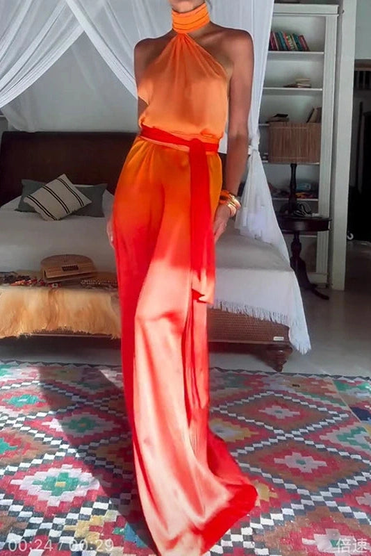 Glorol - Hollow Sleeveless Slim Printed Backless High Waist Maxi Dress