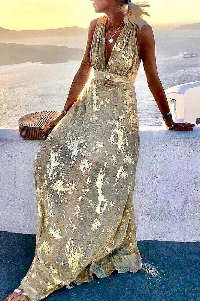 Glorol - Hollow High Waist Printed Sleeveless Deep V Neck Maxi Dress
