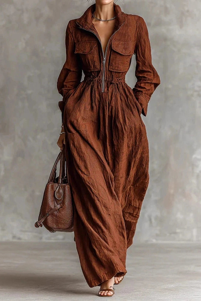 Glorol - Elegant Pleated High Waist Long Sleeve Zipper Maxi Dress