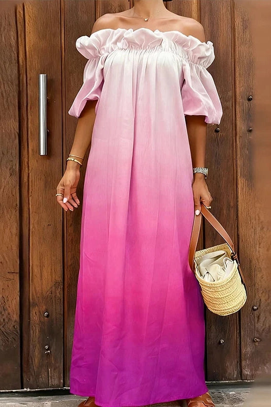 Glorol - Off-Shoulder Pleated Loose Slash Collar Printed Maxi Dress