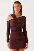 Glorol - Inclined Shoulder Long Sleeve See Through Backless Mini Dress