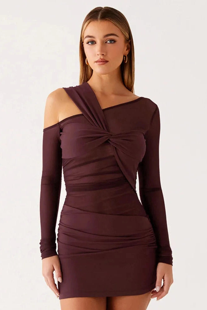 Glorol - Inclined Shoulder Long Sleeve See Through Backless Mini Dress