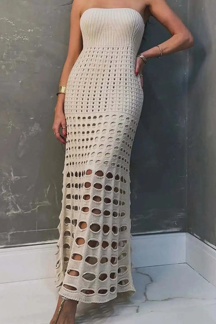 Glorol - Hollow Out Strapless Knitted Slim Sleeveless Maxi Dress