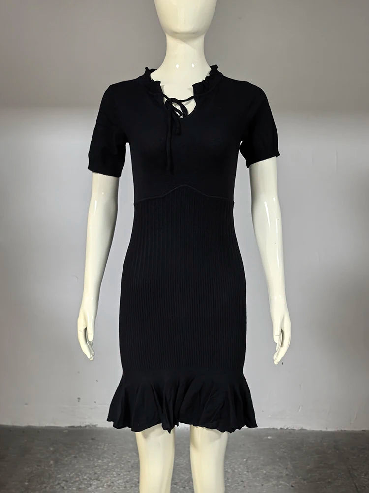 Glorol - Hollow Knitting Lace Up Short Sleeve Mini Dress