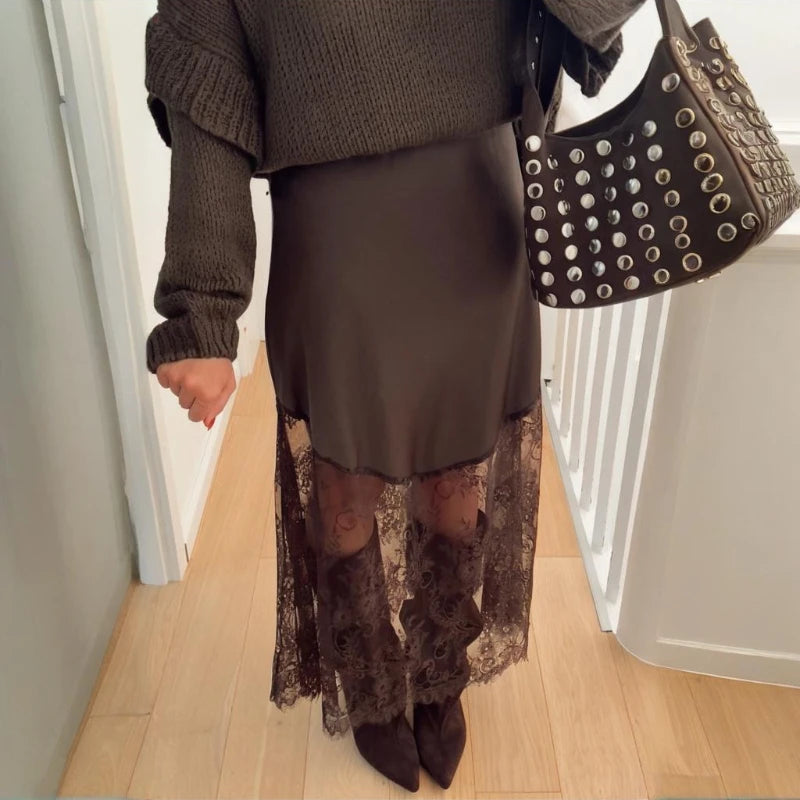 Glorol - High Waist Lace Splicing Hollow Out Skirt