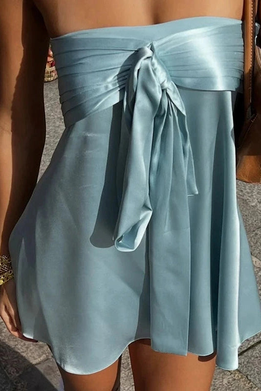 Glorol - Off Shoulder Sleeveless Slim Pleated Mini Dress