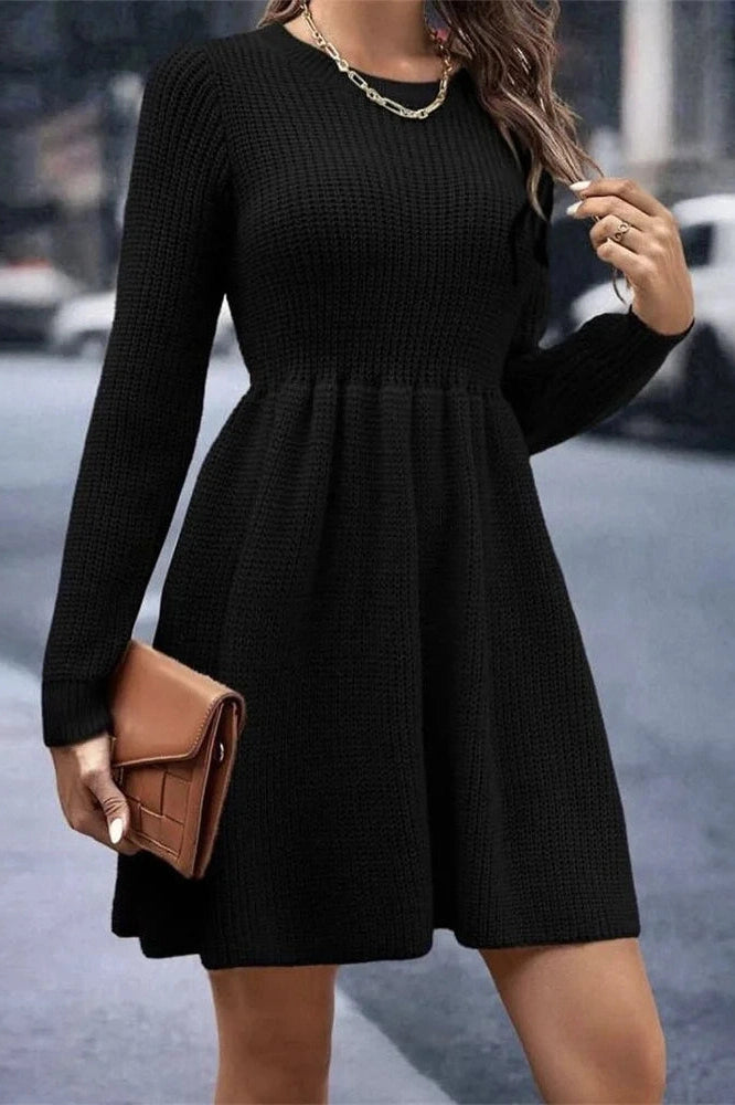 Glorol - Hollow Out Pleated Slim Long Sleeve High Waist Mini Dress