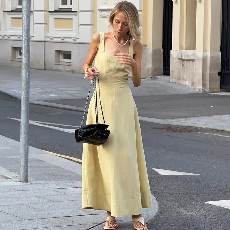 Glorol - Elegant Square Neck Backless High Waist Sleeveless Maxi Dress