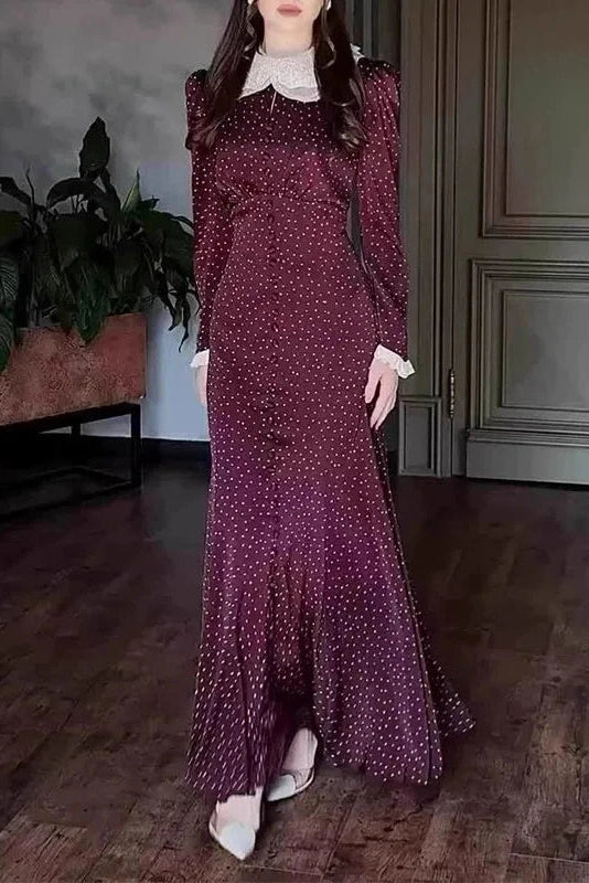 Glorol - Elegant Long Sleeve Slim Lace Up High Waist Pleat Printed Maxi Dress
