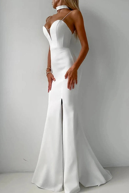 Glorol - Hollow Out V-Neck Pleated High Waist Slim Maxi Dress