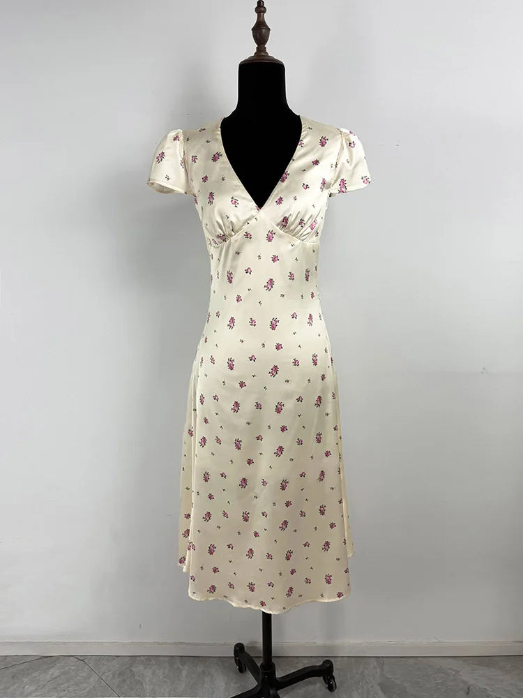 Glorol - Printed Short Sleeve V Neck High Waist Midi Dress