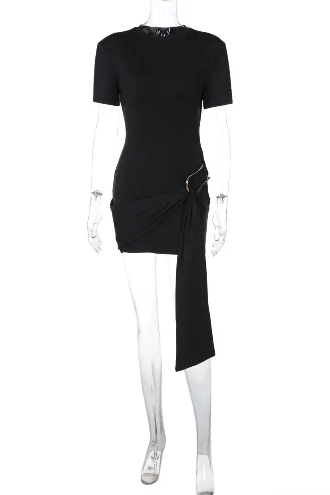 Glorol - Short Sleeve Metal Buckle O Neck Bodycon Mini Dress