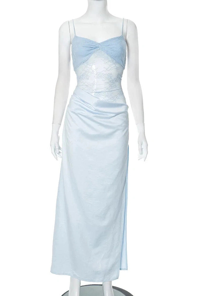 Glorol - Lace Spaghetti Strap Backless High Slit Sleeveless Maxi Dress
