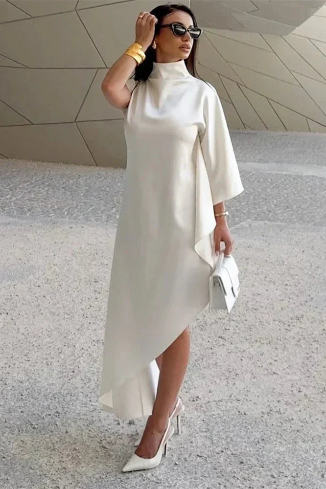 Turtleneck High Waist One-Shoulder Patchwork Maxi Dress