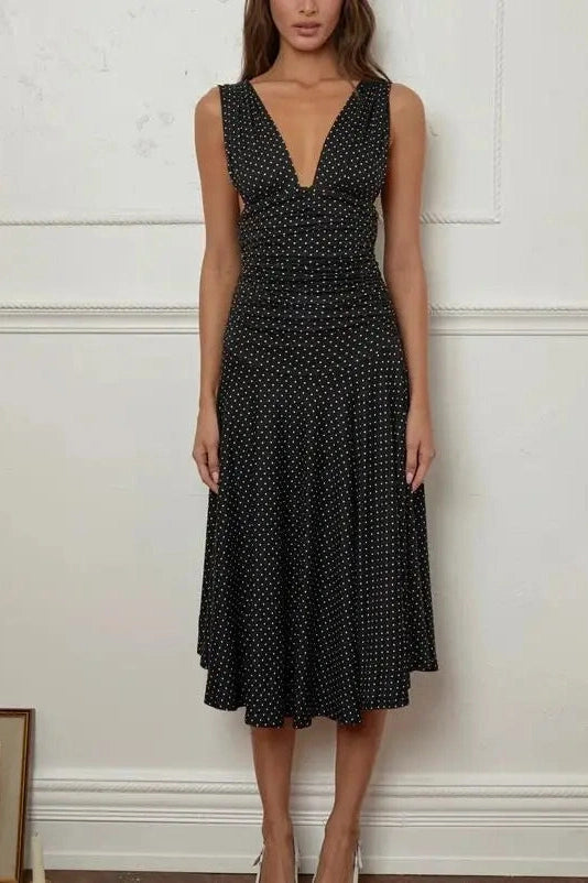 Glorol - Printed Pleated Waist A-Line Sleeveless V-Neck Midi Dress