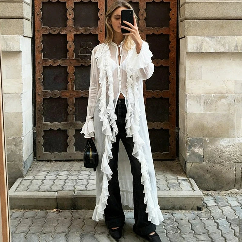 Glorol - See Through Lace Up Patchwork Maxi Dress