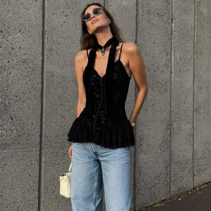 Glorol - Lace V-Neck Slim Sleeveless Top