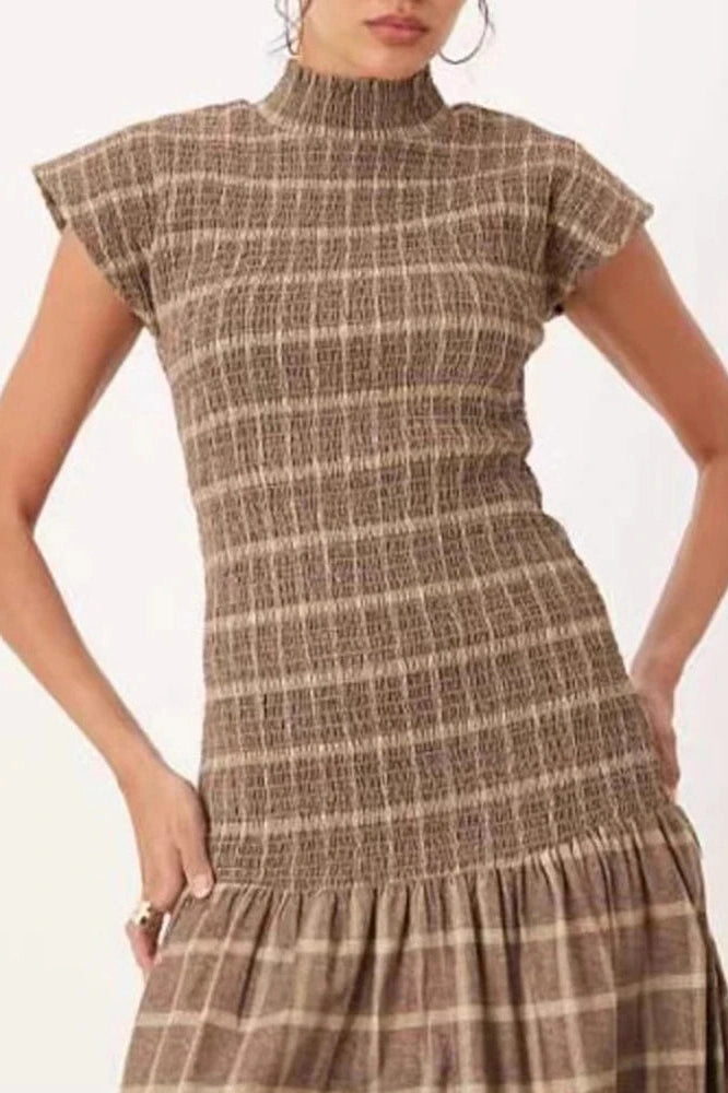 Glorol - O-Neck Short Sleeve High Waist Pleated Printed Slim Maxi Dress