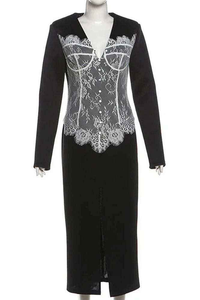 Glorol - Deep V Neck Long Sleeve Lace Patchwork Split Bodycon Maxi Dress