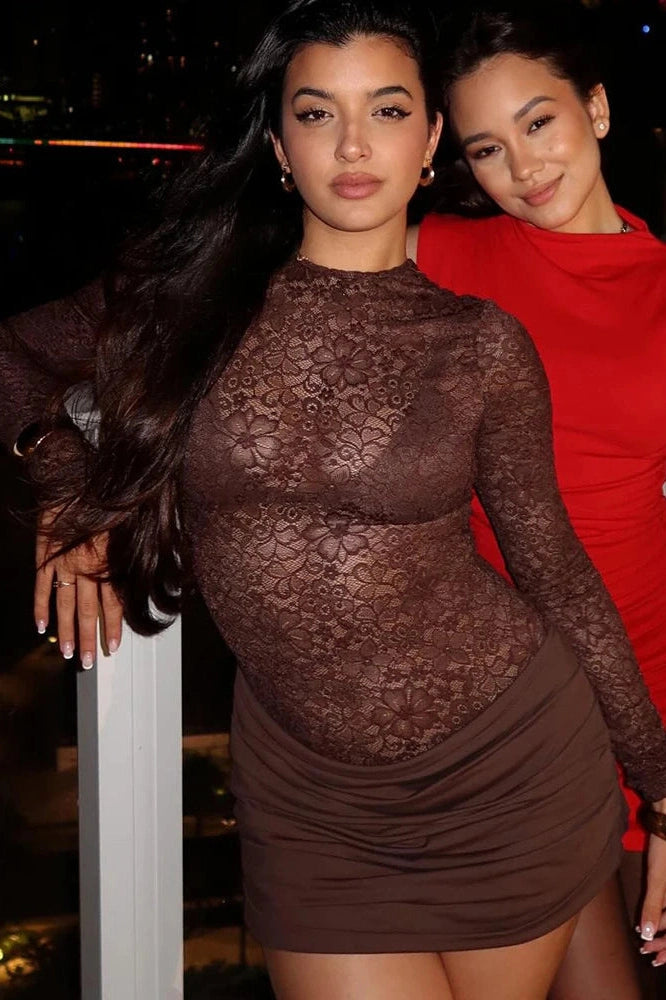 Glorol - Lace See Through O Neck High Waist Long Sleeve Mini Dress