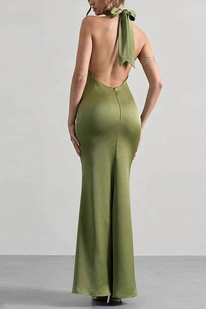 Glorol - Off Shoulder High Waist Pleated Backless Slim Maxi Dress