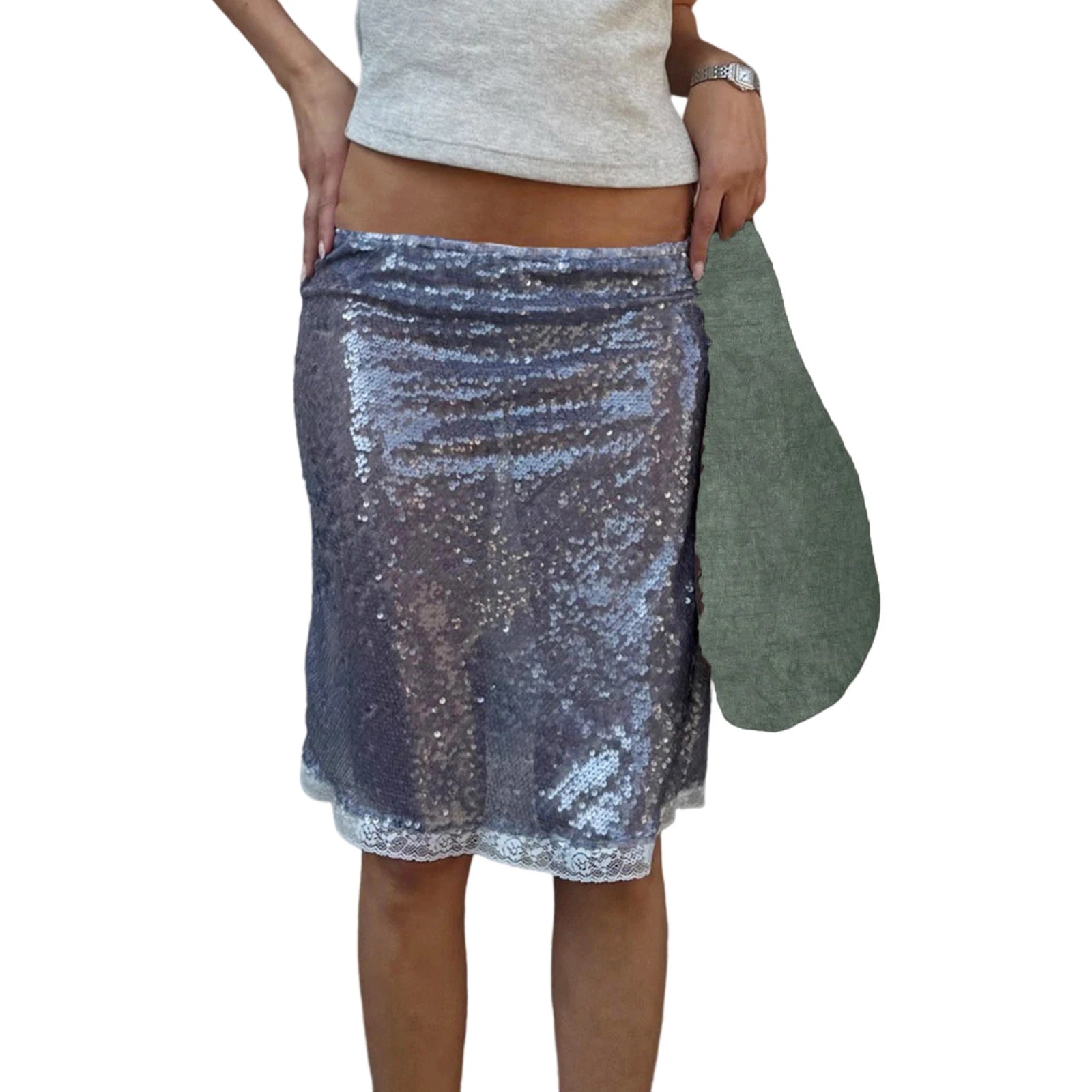 Glorol - Low Waist Sequins Lace Skirt