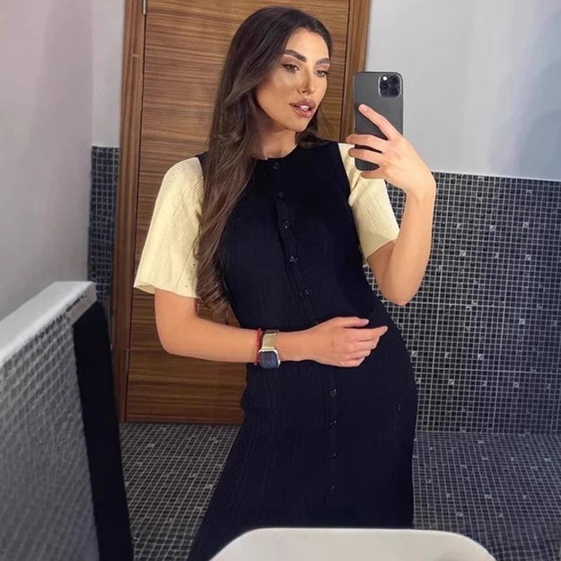 Glorol - O-Neck Short Sleeve Single Breasted Slim Midi Dress
