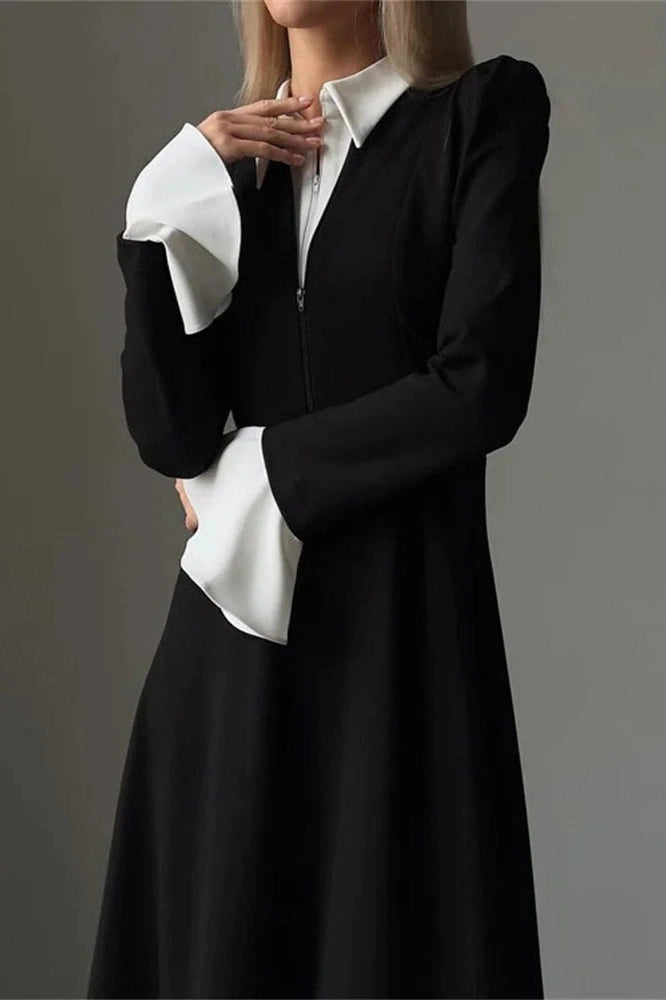 Glorol - Patchwork Zipper High Waist Long Sleeve Midi Dress
